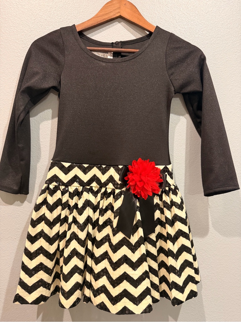 Bonnie Jean Black Ivory Chevron Dress Red Flower Shiny Polka Dot Simmer Top 8